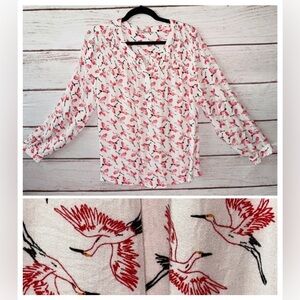 My Danielle White & Red Bird Print Blouse - Size L Lightweight Crane Office